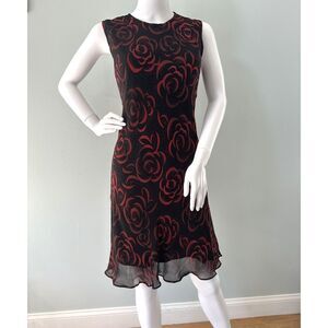 Vintage Y2K Red Rose Sheer Overlay Dress Black Mesh Midi Floral Slip Dress sz M